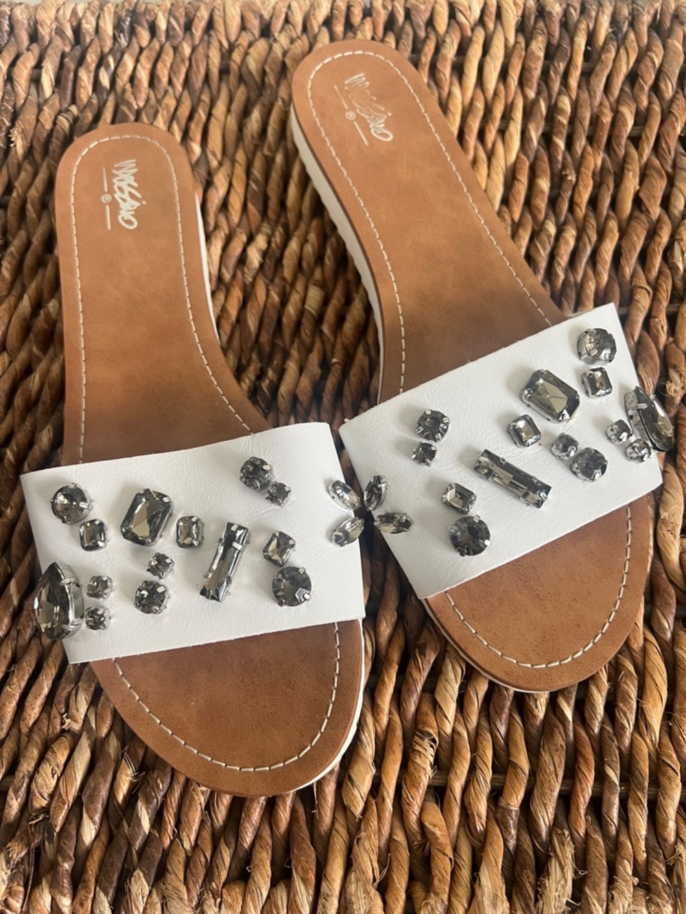 White Jeweled Slide Sandals